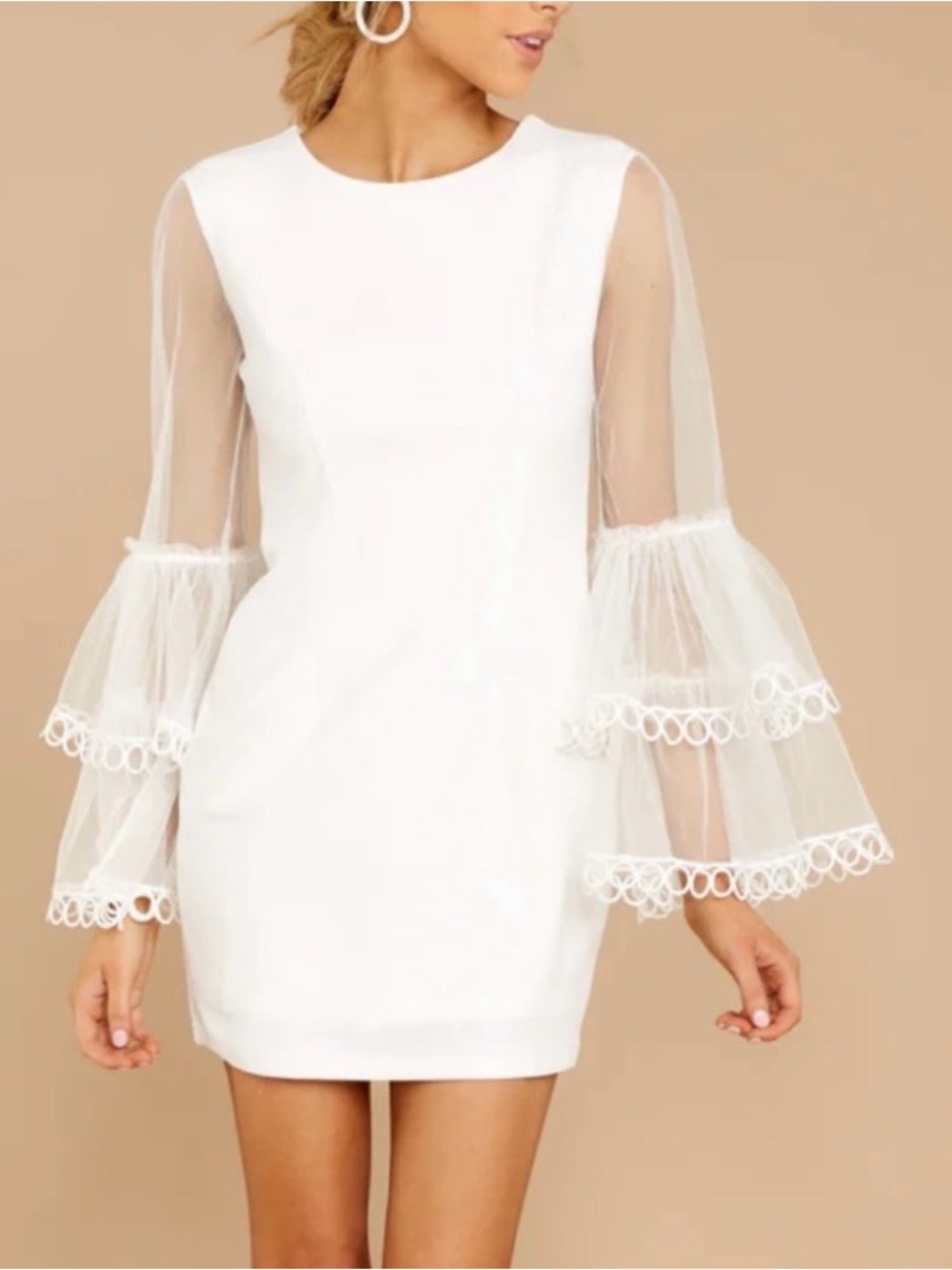 Ina White Sheath Mini Dress with Sheer Tiered Bell Sleeves Size Small